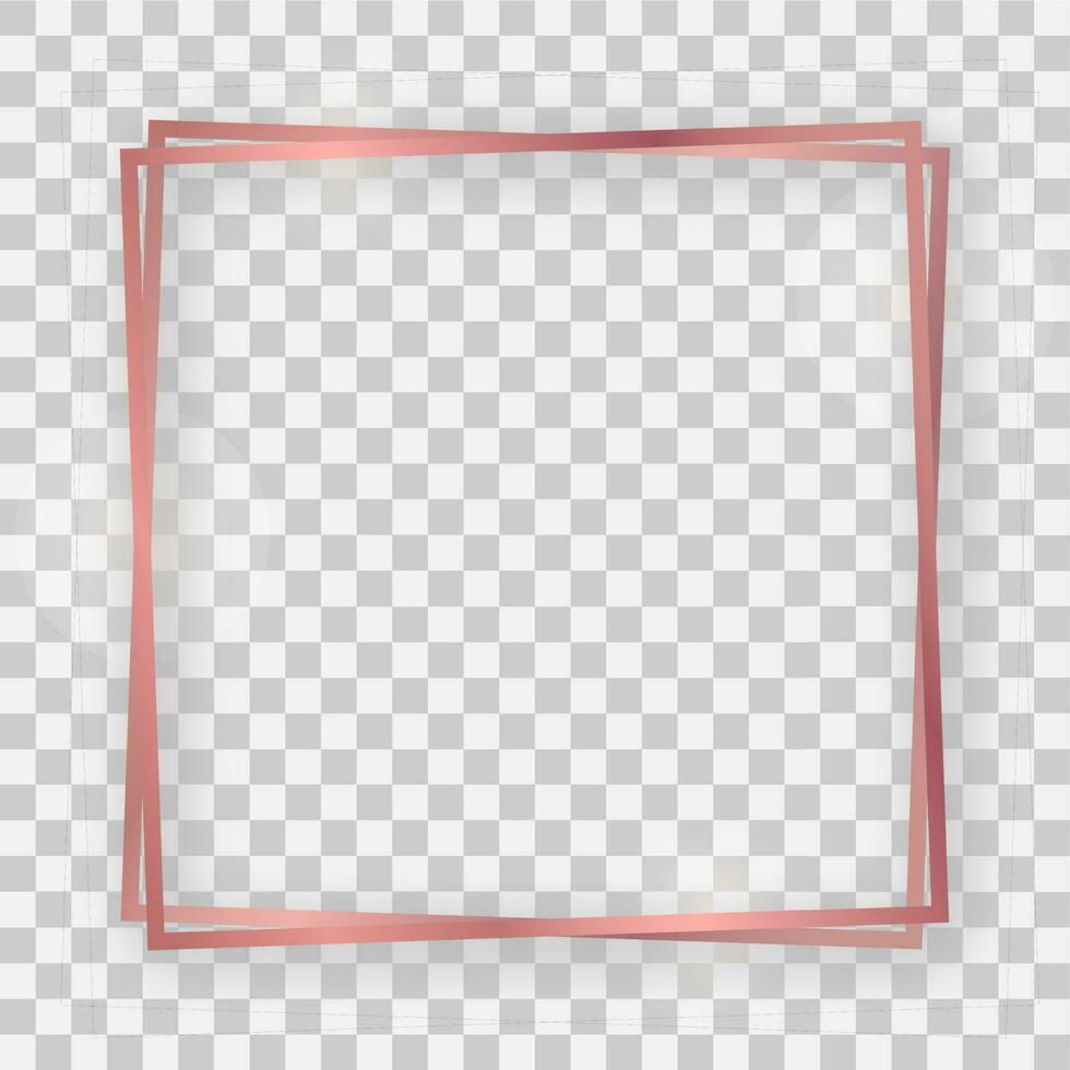 Double rose gold shiny square frame with glowing effects and shadows vector