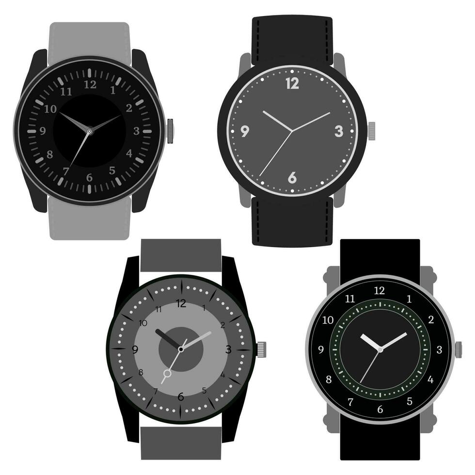 conjunto de cuatro negro y blanco relojes en blanco antecedentes. reloj cara con hora, minuto y segundo manos. vector ilustración.