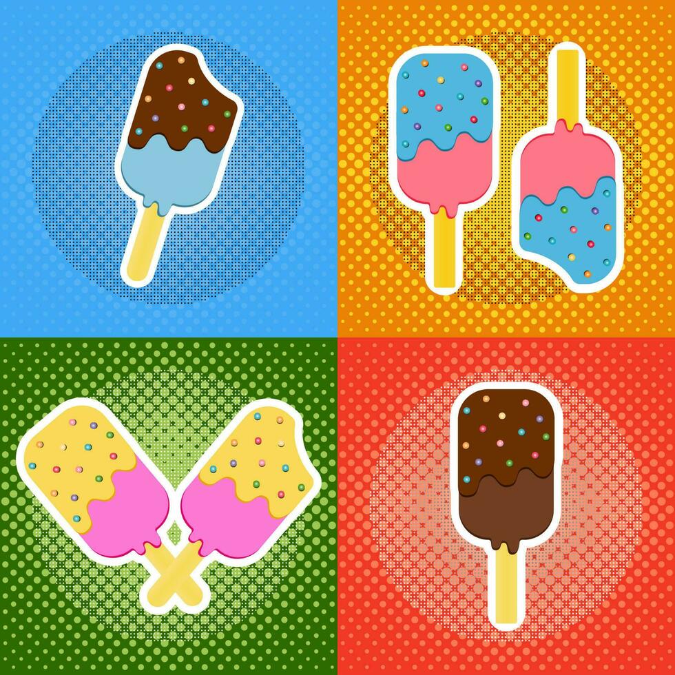 Set of Ice Cream on a Wooden Stick. Vector illustration of Ice Cream on Vintage Background. Retro Style Pop Art.