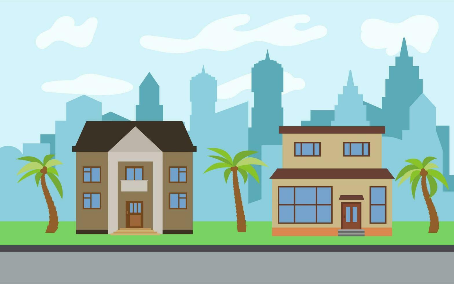 Vector city with two two-story cartoon houses and palm trees in the sunny day. Summer urban landscape. Street view with cityscape on a background