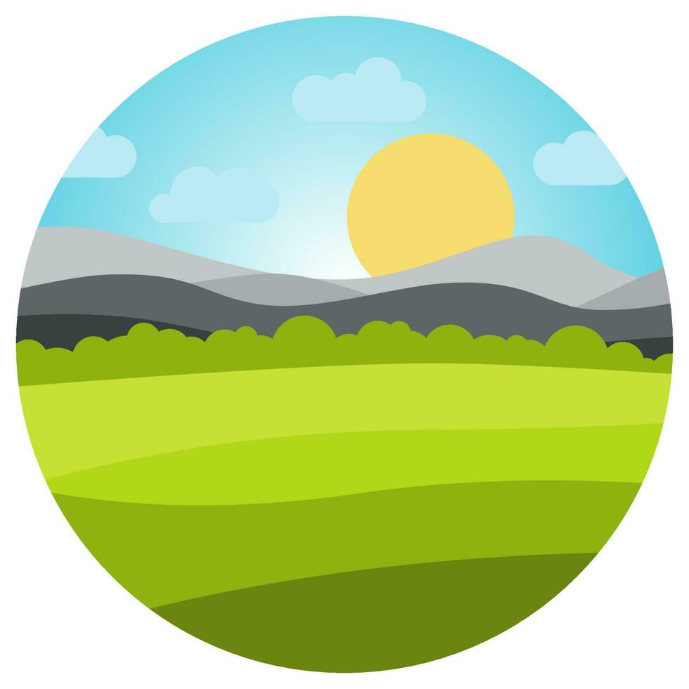 Vector landscape with field and mountains in circle. Early morning with the rising of the sun on the horizon. Vector illustration