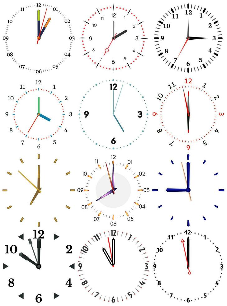 A set of different mechanical clocks with an image of each of the twelve hours. Clock face on white background. vector