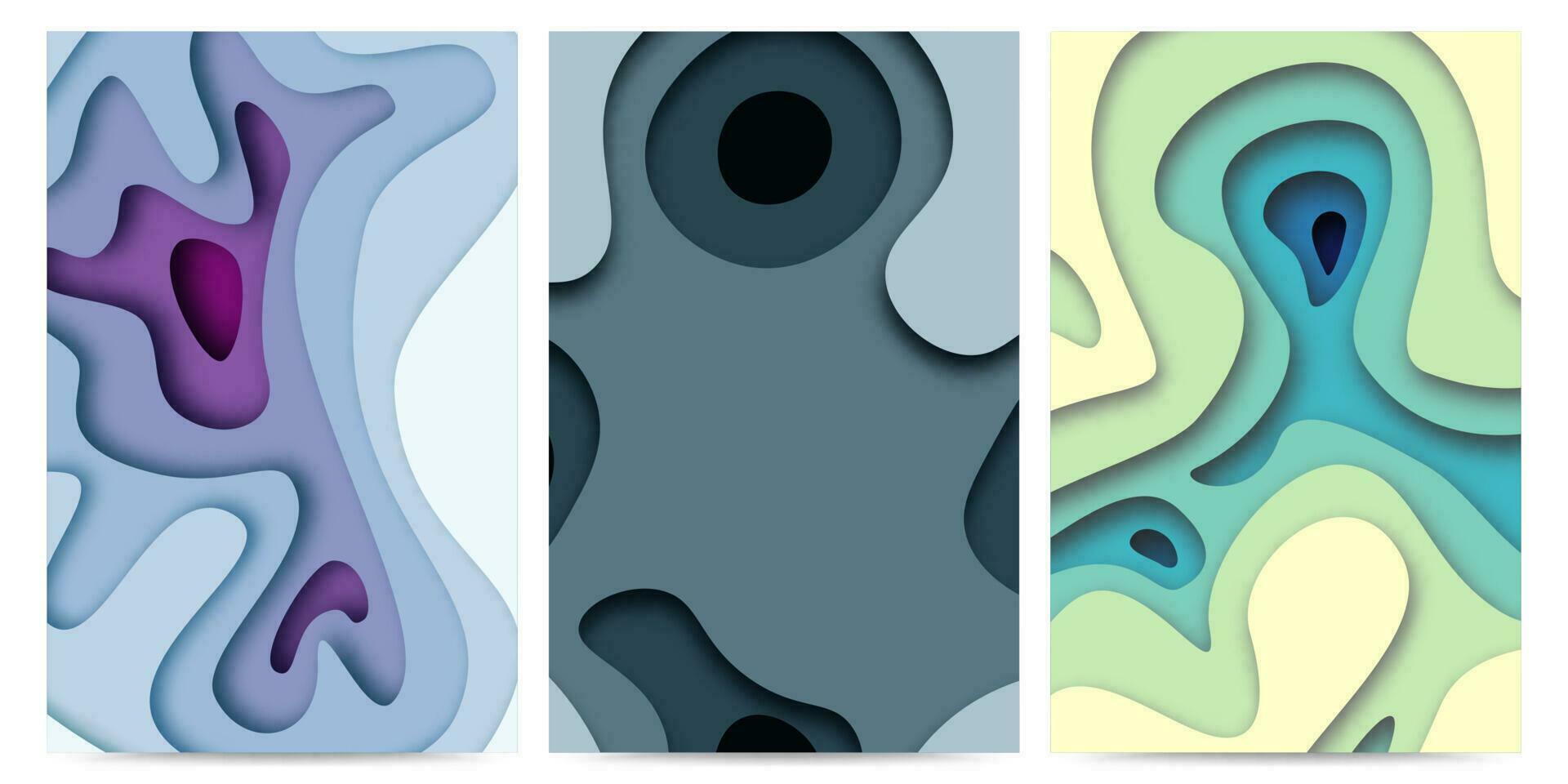 Set of three abstract Background with Paper Cut shapes stories banner design. Vector illustration.