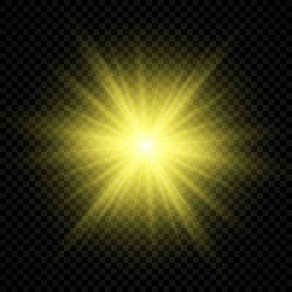 Light effect of lens flares. Yellow glowing lights starburst effects with sparkles vector