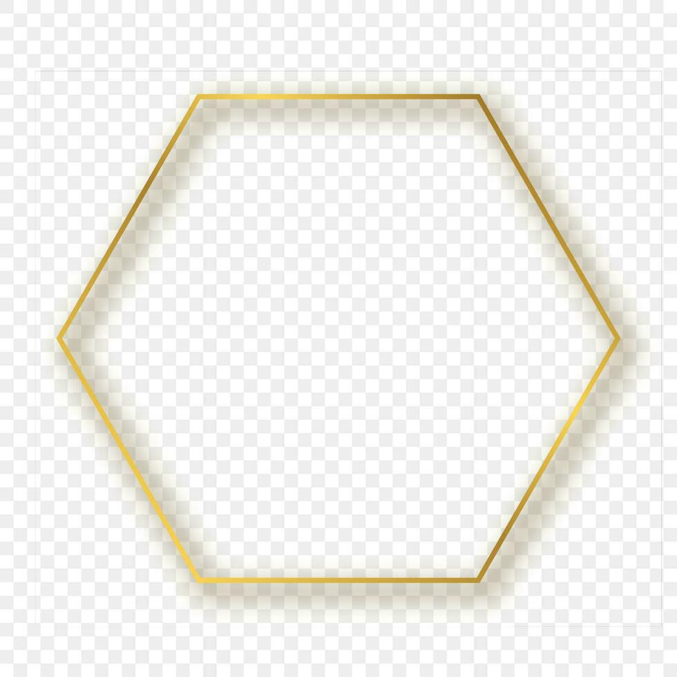 Gold glowing hexagon frame with shadow vector