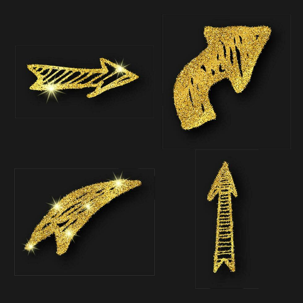 Gold glitter hand drawn arrow. Set of four doodle arrows with gold glitter effect on dark background. Vector illustration