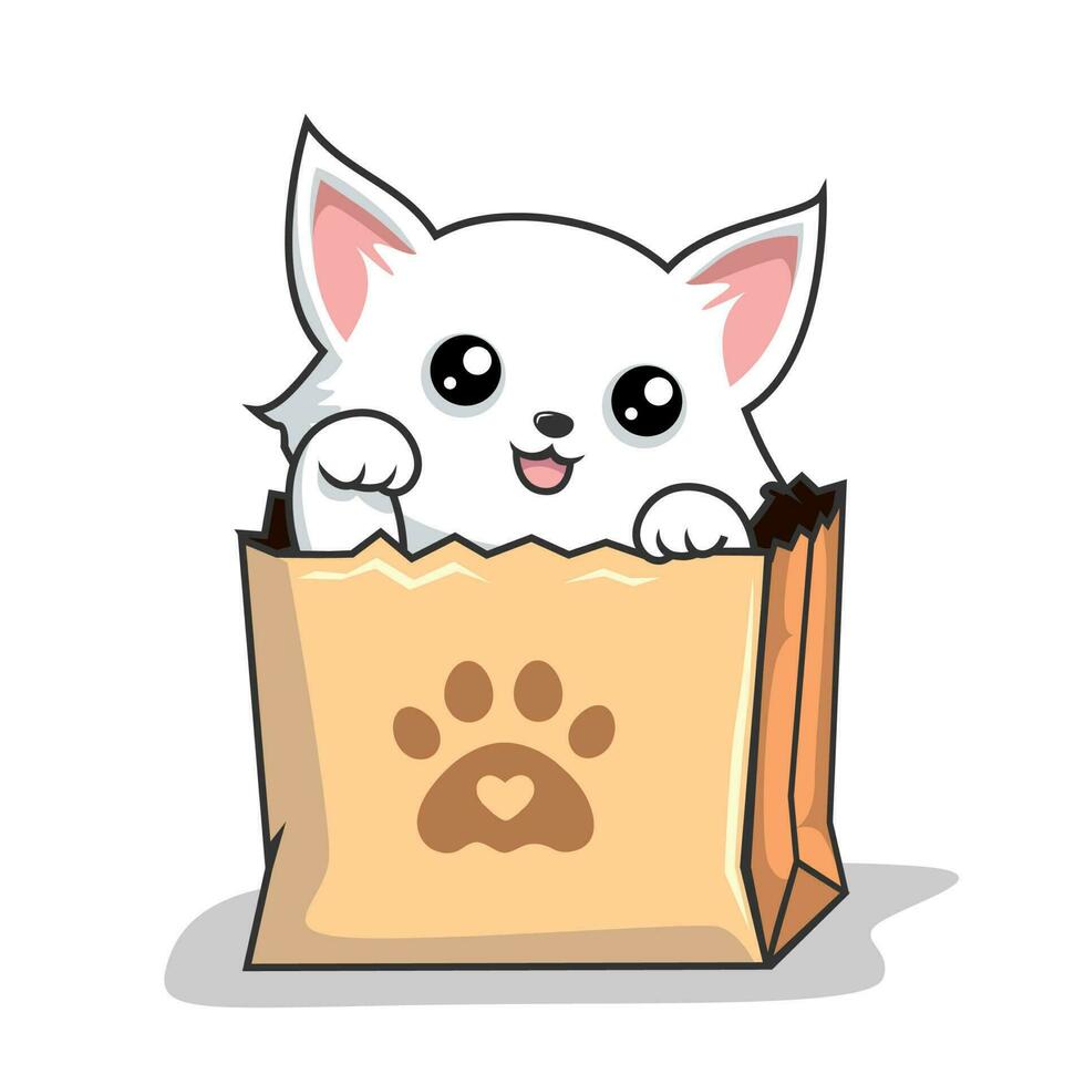 Cat in Paper Bag Vector - Cute White Cat in Shopping Bag - Waving Hand