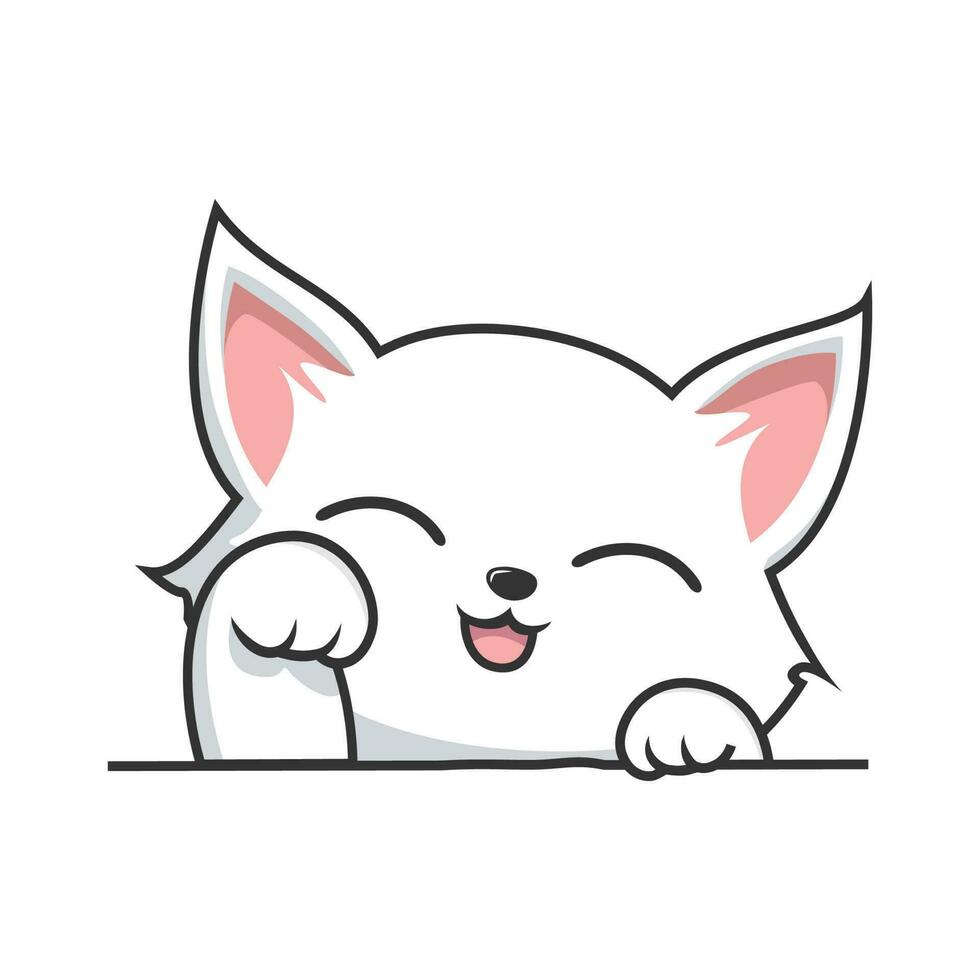 White Cat Waving Paws Hand Illuctration - Cute White Pussy Cat vector