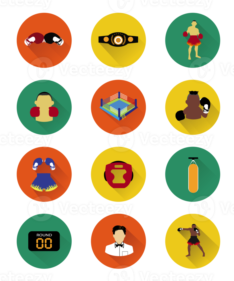 Collection of boxing icons set with long shadow effect png