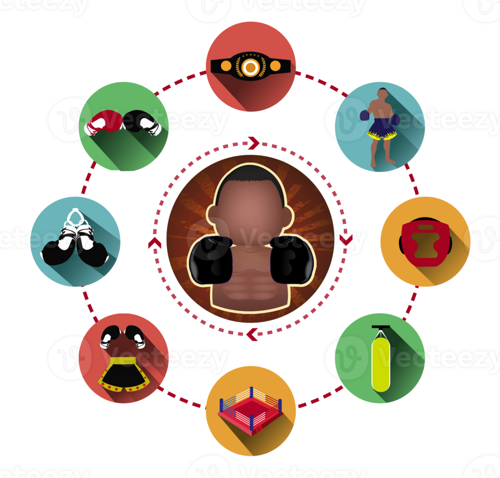 Circle of boxing icons set with long shadow effect png