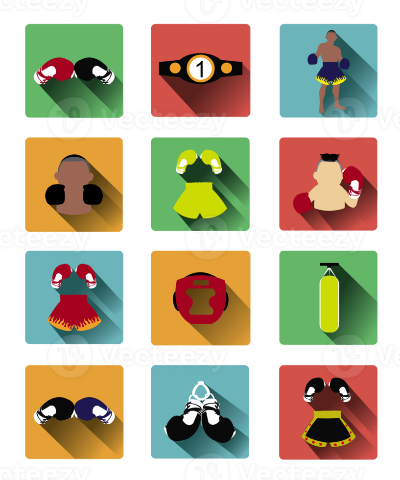 Twelve flat boxing icons set with long shadow effect png
