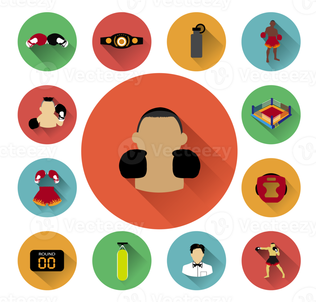 Illustration of flat boxing icons set on flat color background png