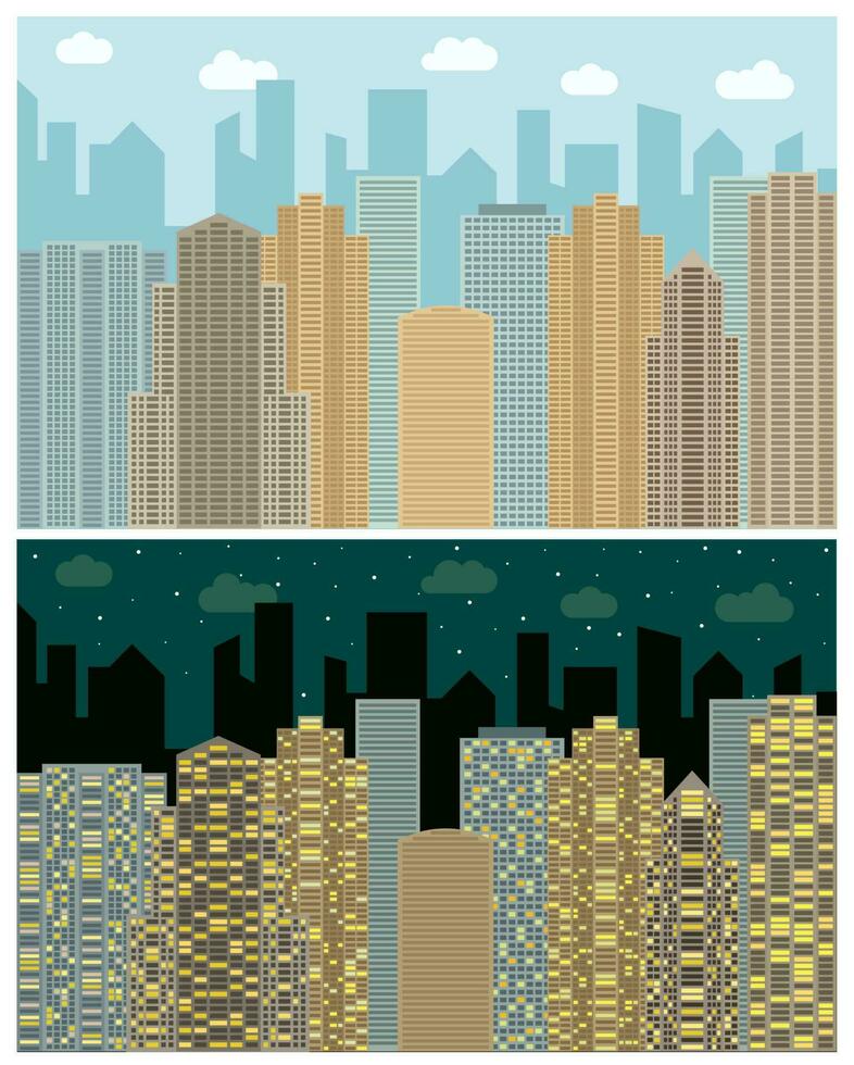 Street view with cityscape, skyscrapers and modern buildings in the day and night. Vector urban landscape illustration.