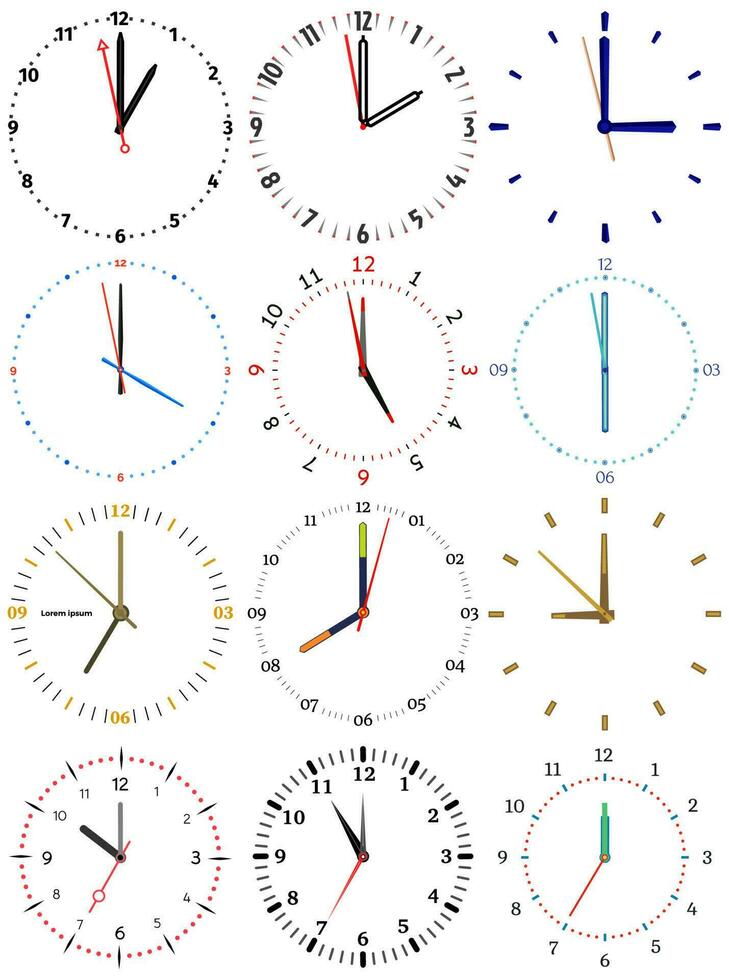 A set of different mechanical clocks with an image of each of the twelve hours. Clock face on white background. vector