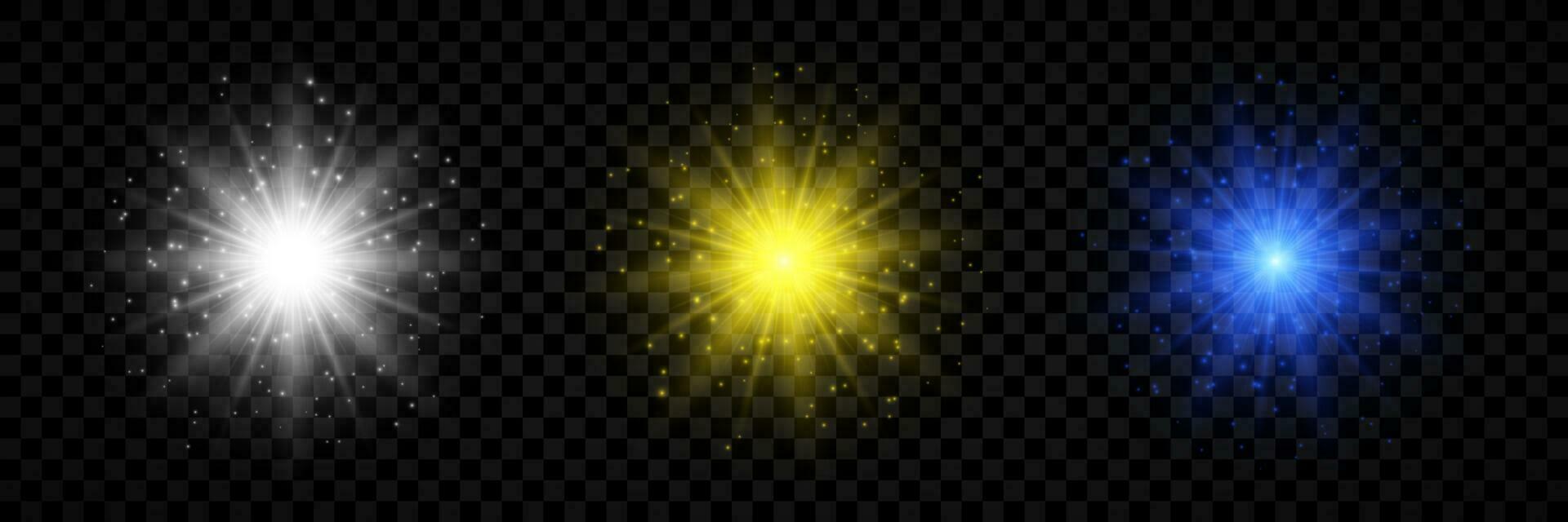 Light effect of lens flares. Set of three white, yellow and blue glowing lights starburst effects with sparkles. Vector illustration