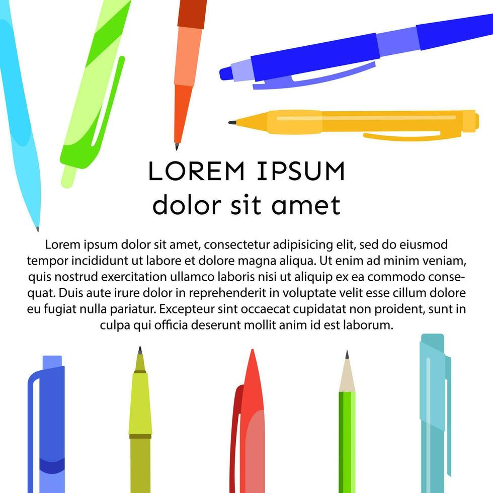 Background with pens, pencils and place for your text. Vector illustration.