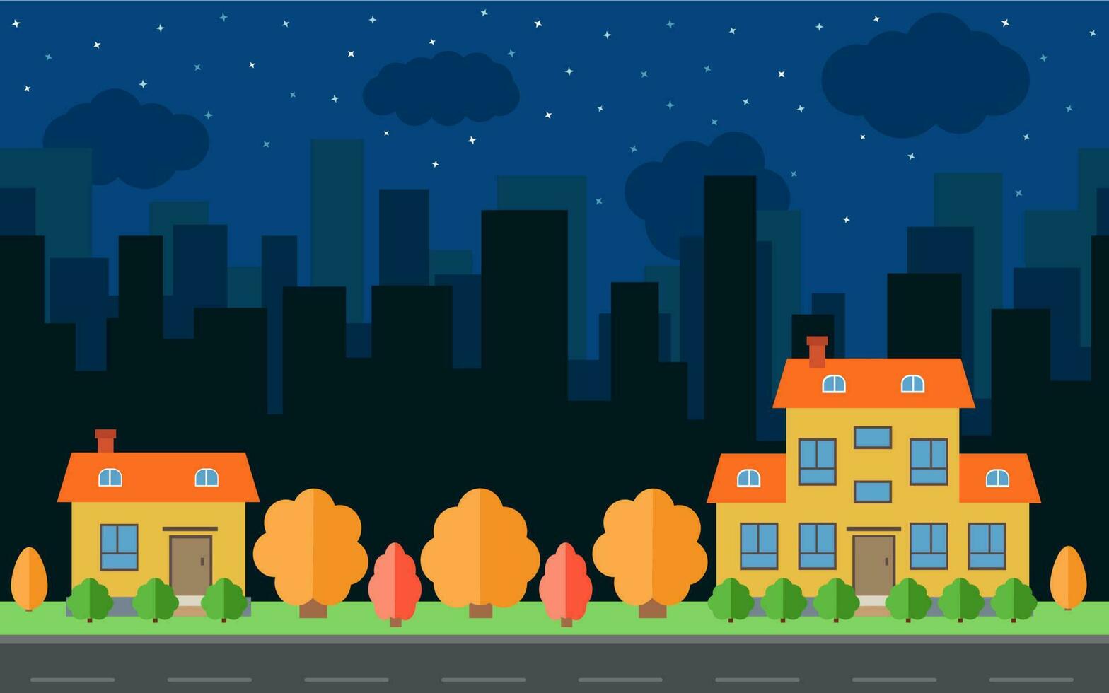 Vector night city with two cartoon houses and buildings. City space with road on flat style background concept. Summer urban landscape. Street view with cityscape on a background