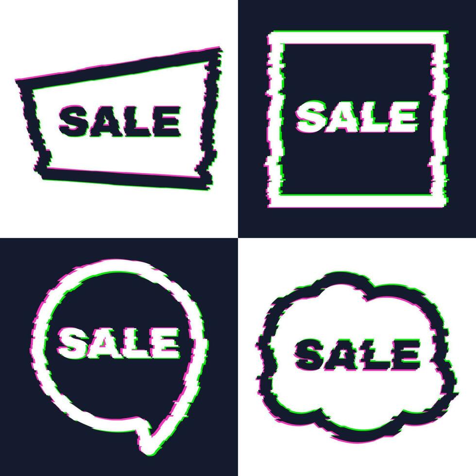 Set of four distorted glitch sale banners with error effect on the edges and in text. Vector illustration.