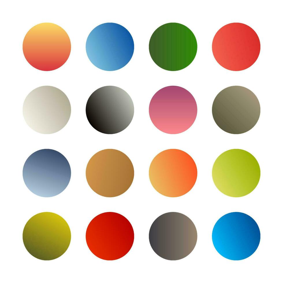 Round gradients spheres. Set of sixteen trendy multicolored gradients. Vector illustration