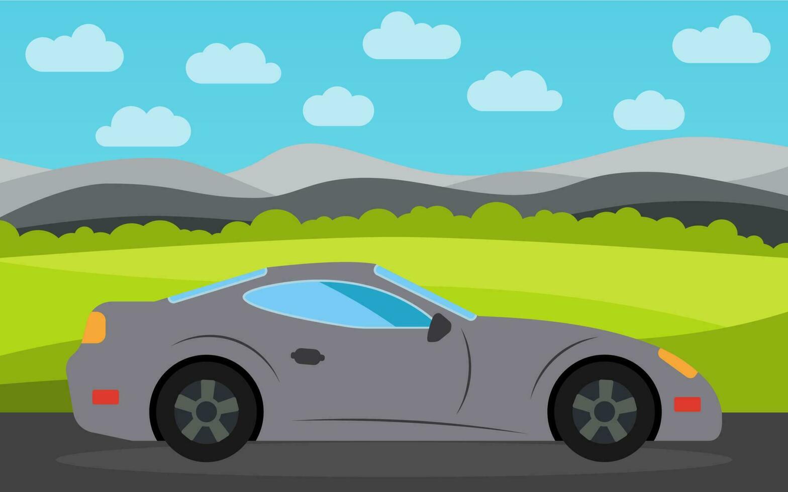 Gray sports car in the background of nature landscape in the daytime. Vector illustration.