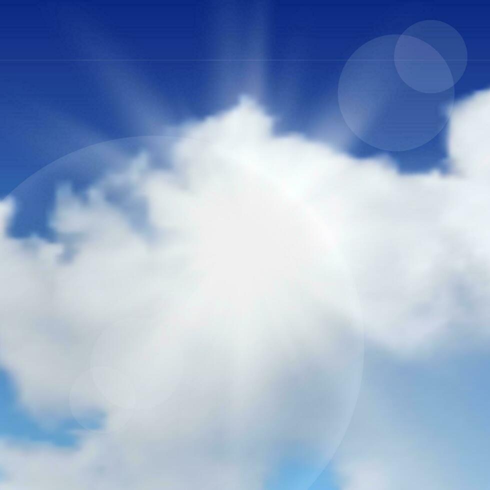 Natural background with clouds and sun on blue sky. Realistic cloud on blue backdrop. Vector illustration
