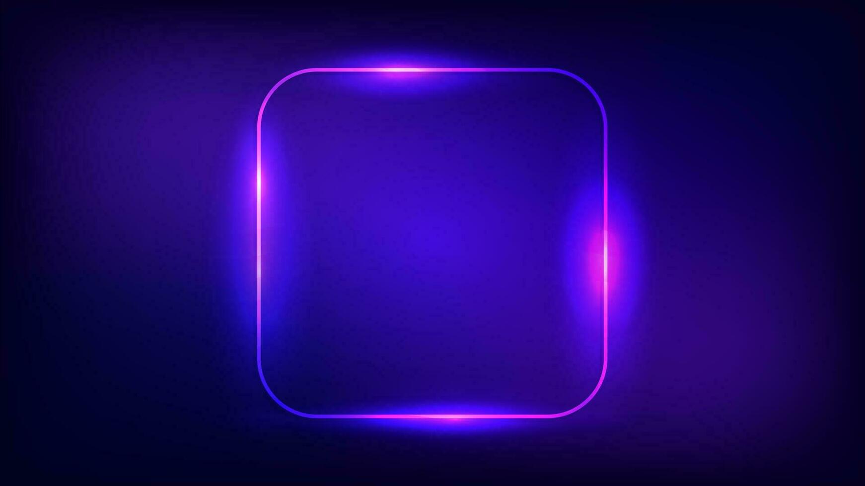 Neon rounded square frame with shining effects on dark background. Empty glowing techno backdrop. Vector illustration.