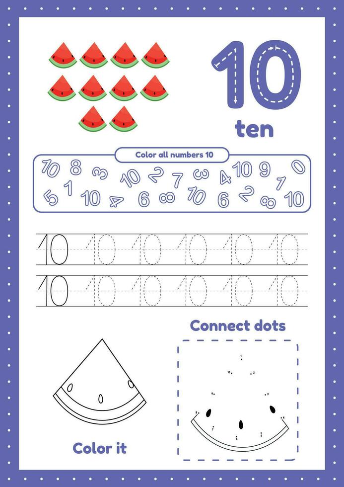 Learning numbers. Number 10. Trace, color, dot to dot on one page vector