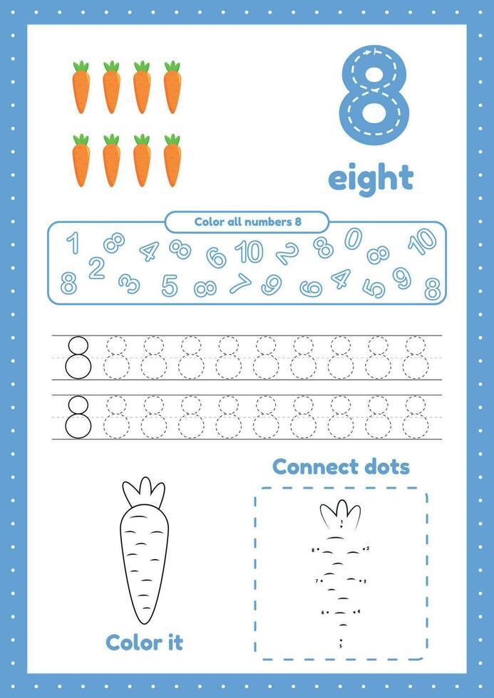 Learning numbers. Number 8. Trace, color, dot to dot on one page vector