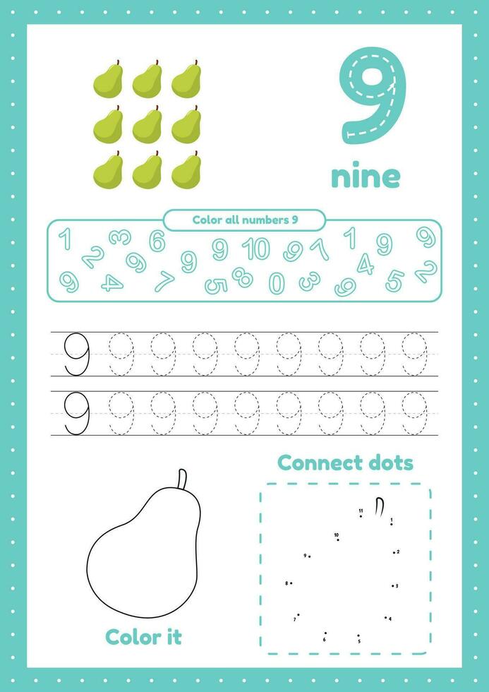 Learning numbers. Number 9. Trace, color, dot to dot on one page vector