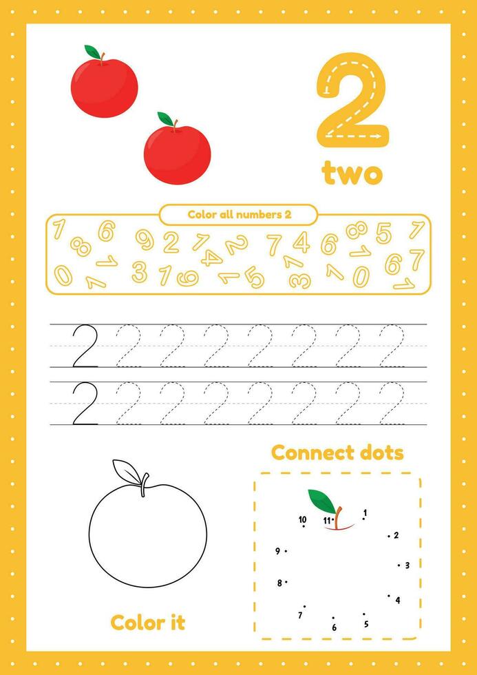 Learning numbers. Number 2. Trace, color, dot to dot on one page vector