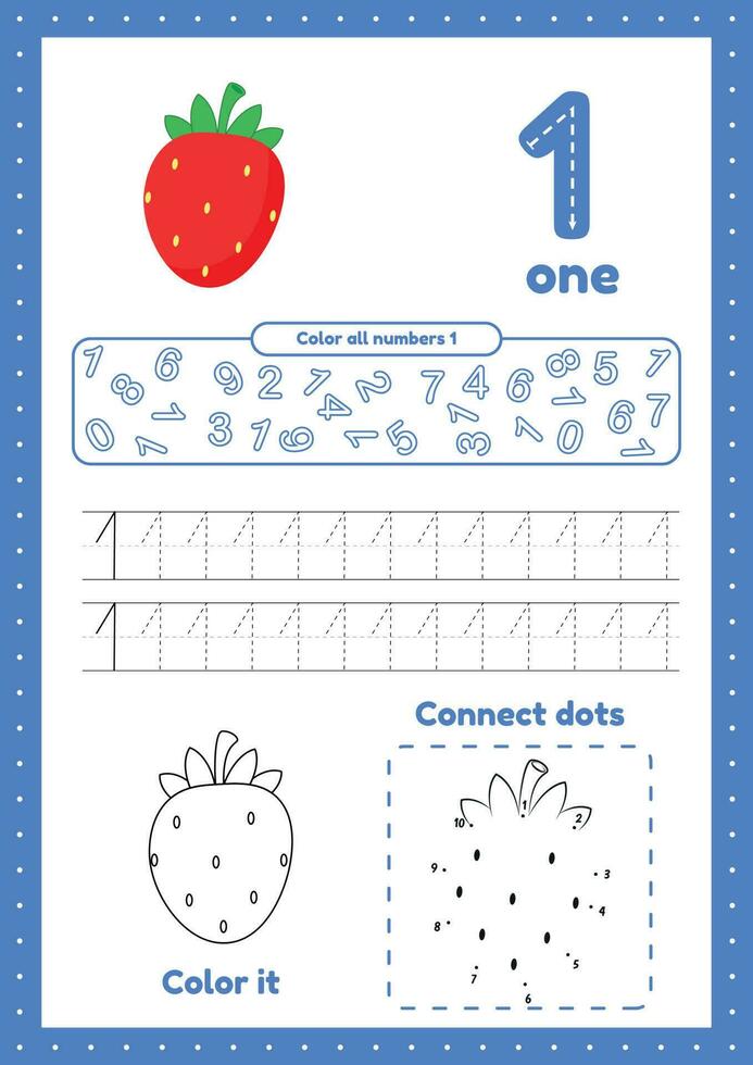 Learning numbers. Number 1. Trace, color, dot to dot on one page vector