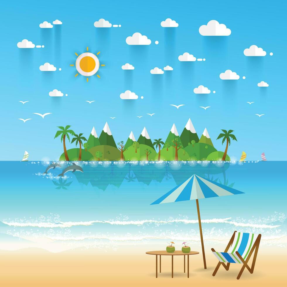 paisaje de la costa del paraíso con montañas. concepto de vacaciones de campamento de verano en estilo plano vector