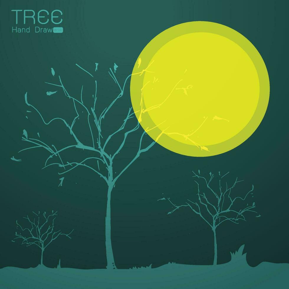 Landscape with tree at sun set hand draw vector
