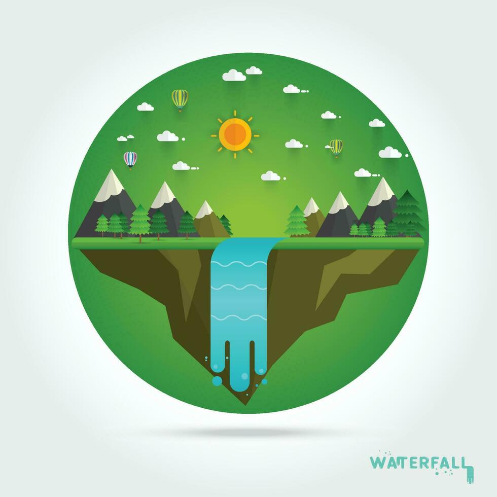 Landscape illustration. Mountain river, waterfall vector