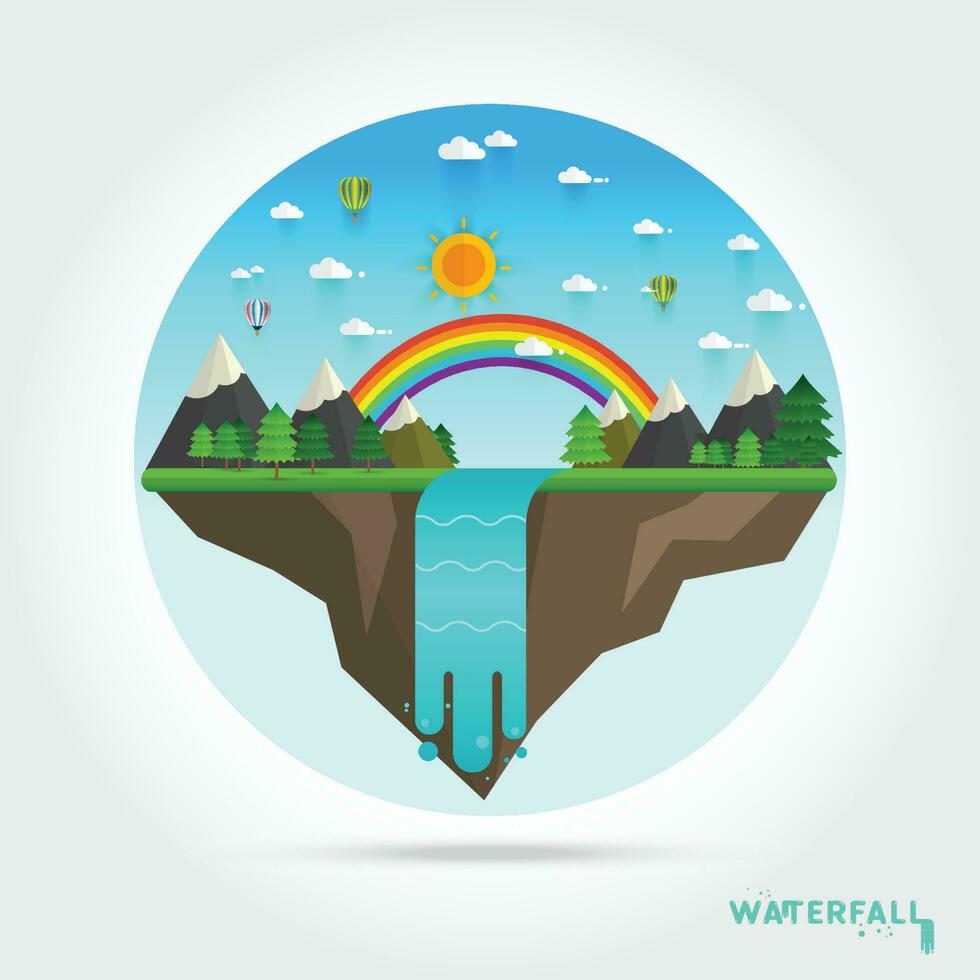 Landscape illustration. Mountain river, waterfall vector