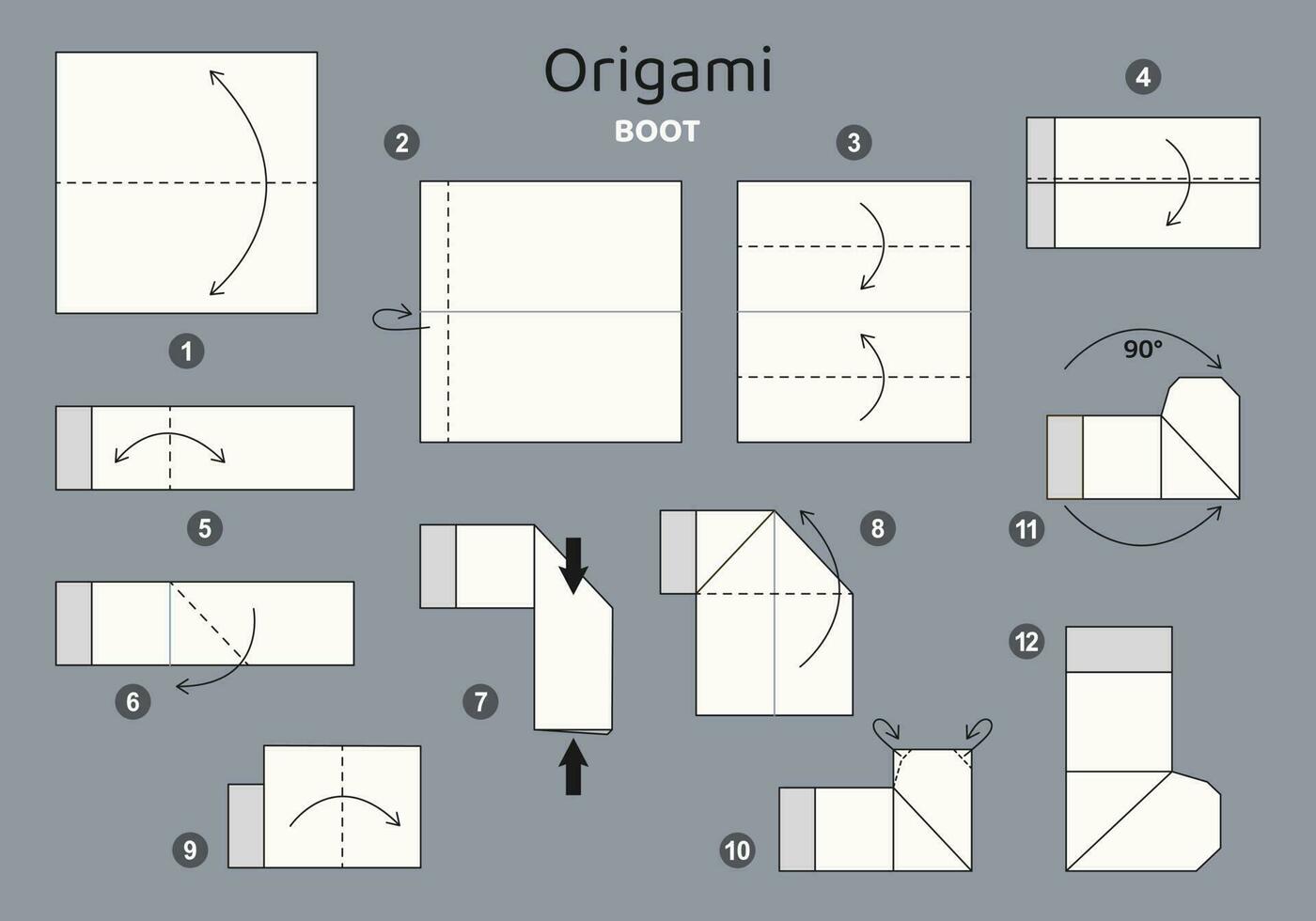 tutorial origami esquema con bota. aislado origami elementos en gris fondo. origami para niños. paso por paso cómo a hacer origami bota. vector ilustración.