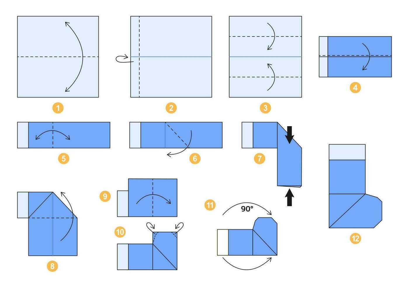 Boot origami scheme tutorial moving model. Origami for kids. Step by step how to make a cute origami boot. Vector illustration.