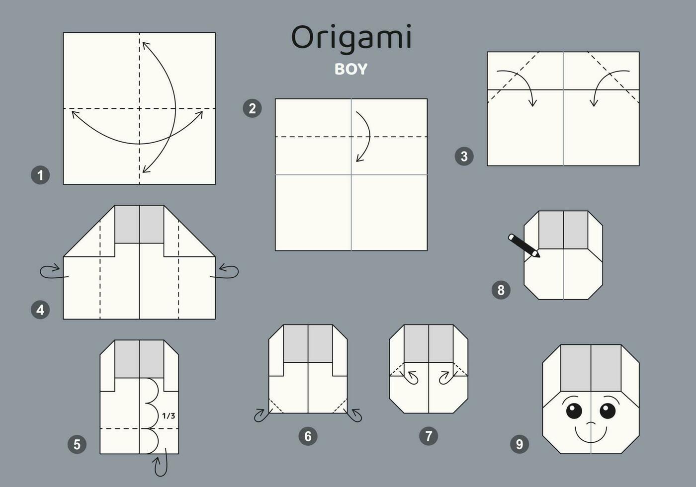 Tutorial origami scheme with boy. isolated origami elements on grey backdrop. Origami for kids. Step by step how to make origami boy. Vector illustration.