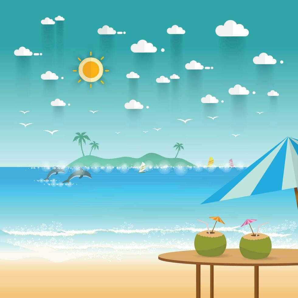 paisaje de la costa del paraíso con montañas. concepto de vacaciones de campamento de verano en estilo plano vector