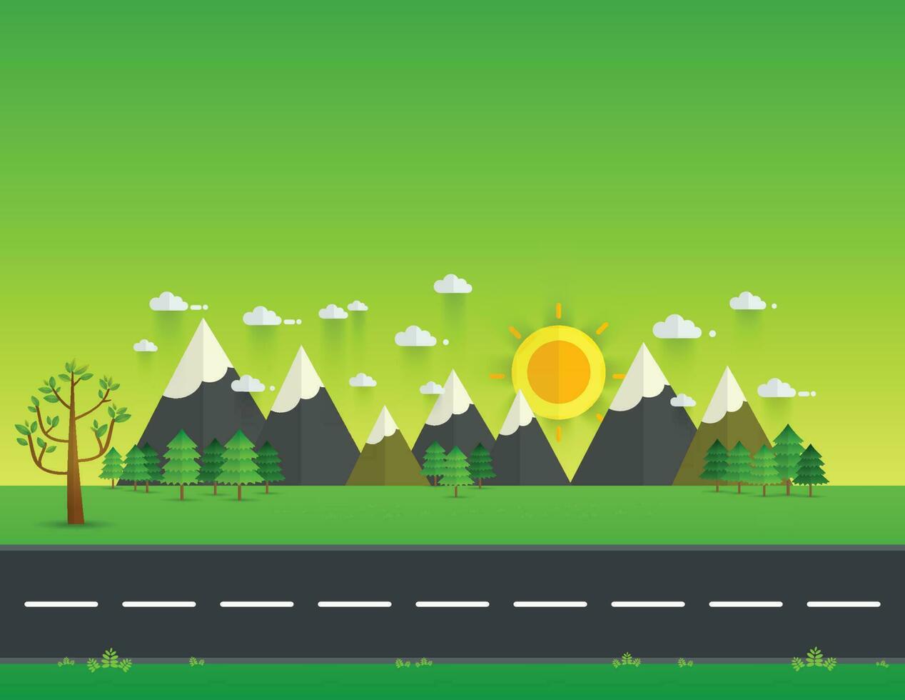 Road in green valley, mountains, hills, clouds and sun on the sky vector