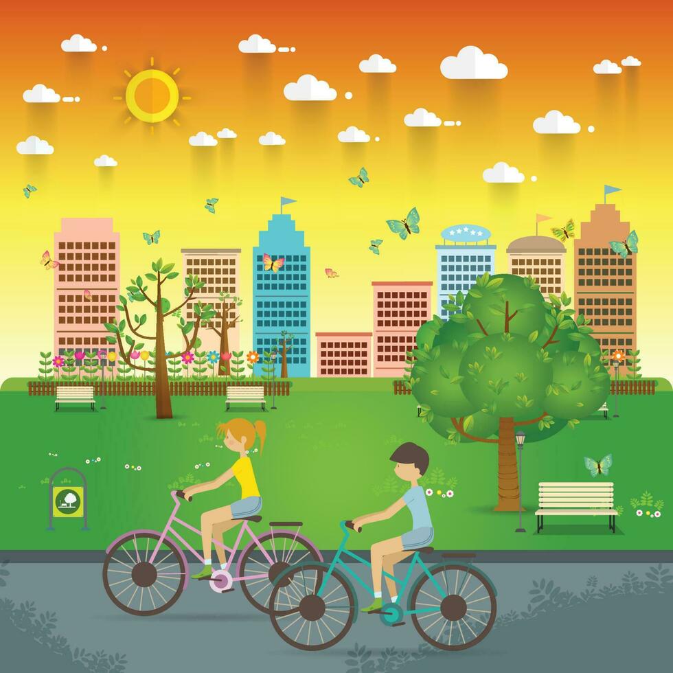 Couple Riding Bicycles In Public Park, Illustration, Flat Design, vector