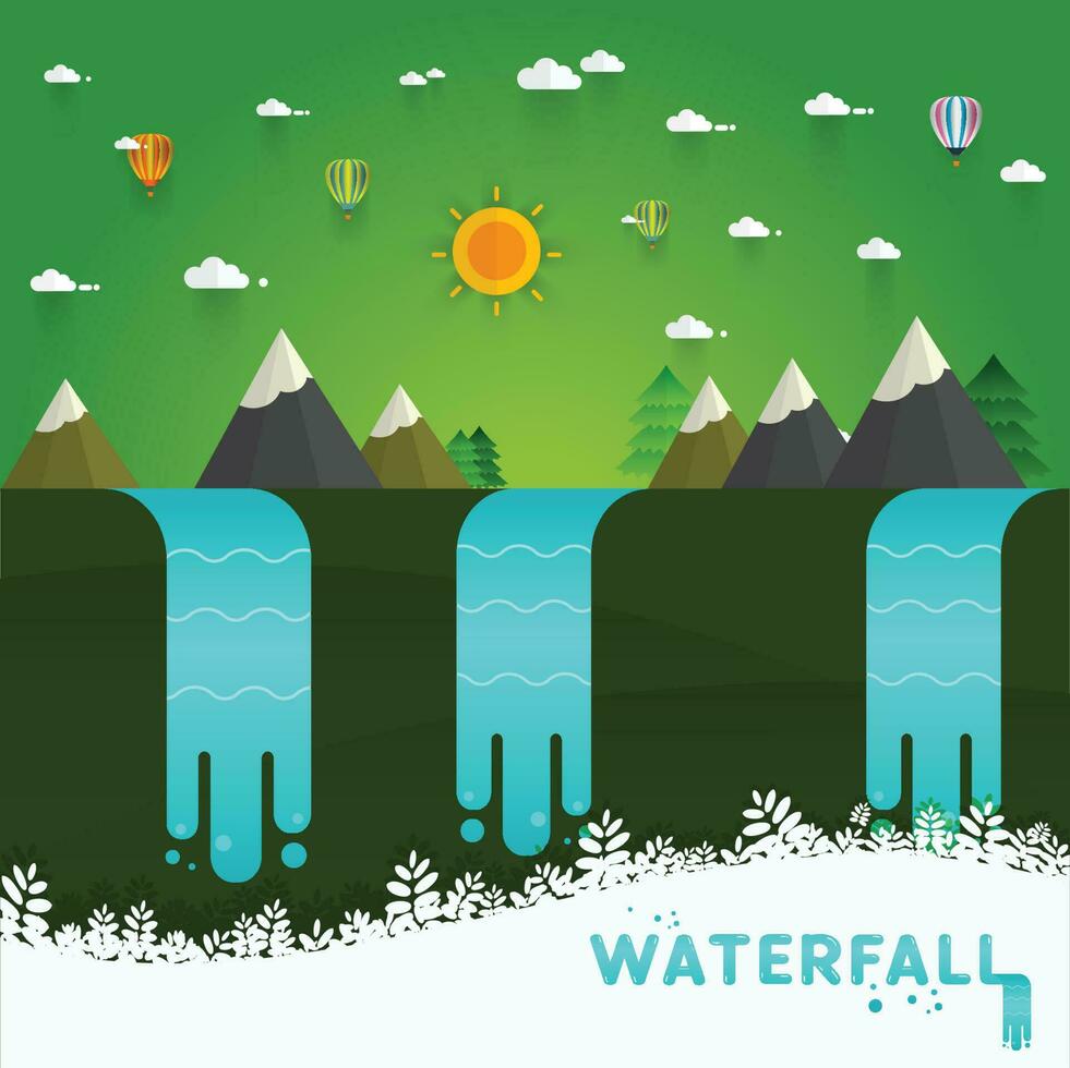 Landscape illustration. Mountain river, waterfall vector