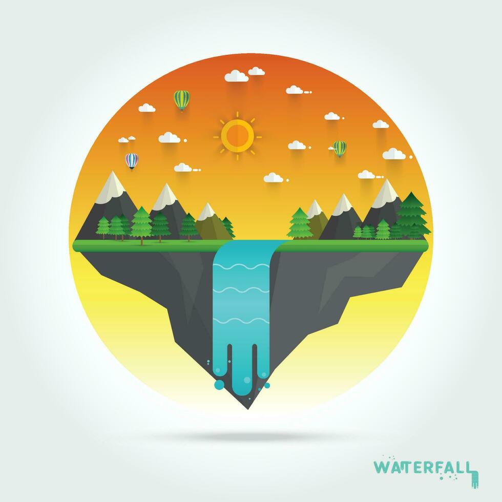 Landscape illustration. Mountain river, waterfall vector