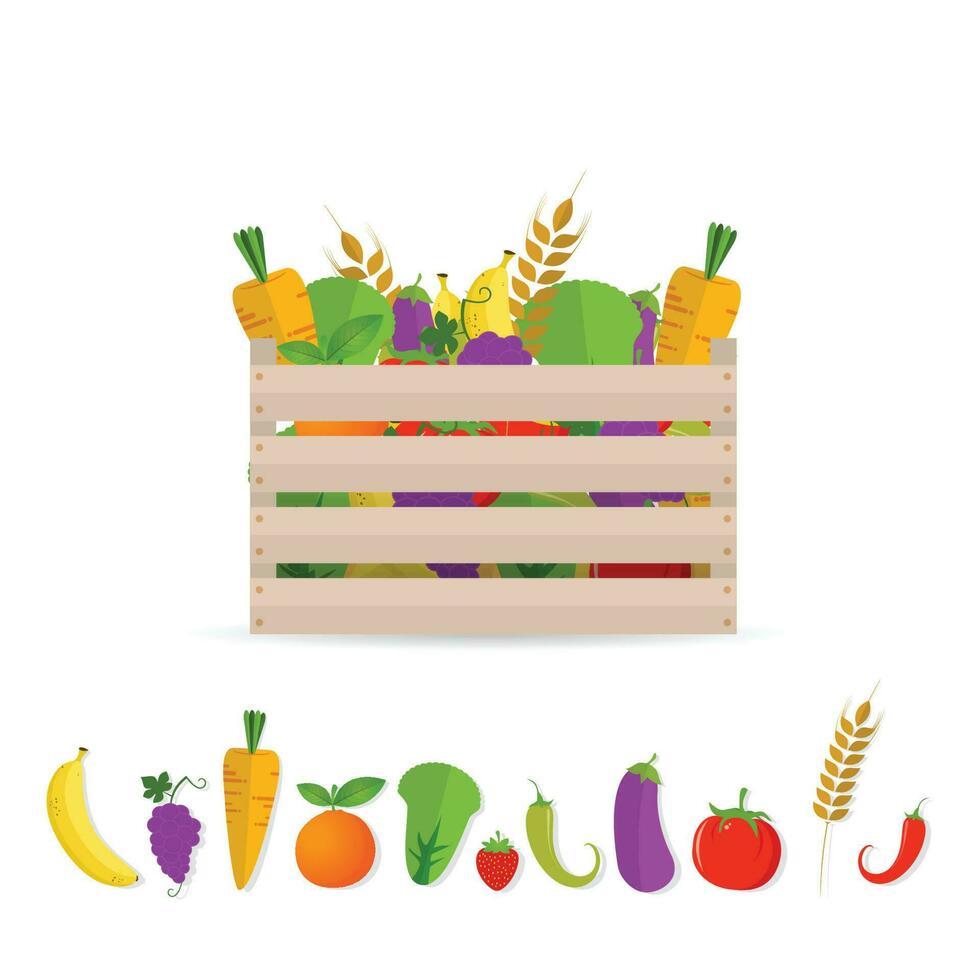 Fresh Fruits and vegetables in a box vector