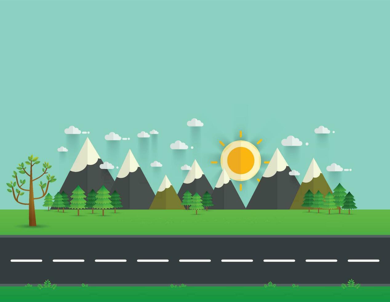 Road in green valley, mountains, hills, clouds and sun on the sky vector