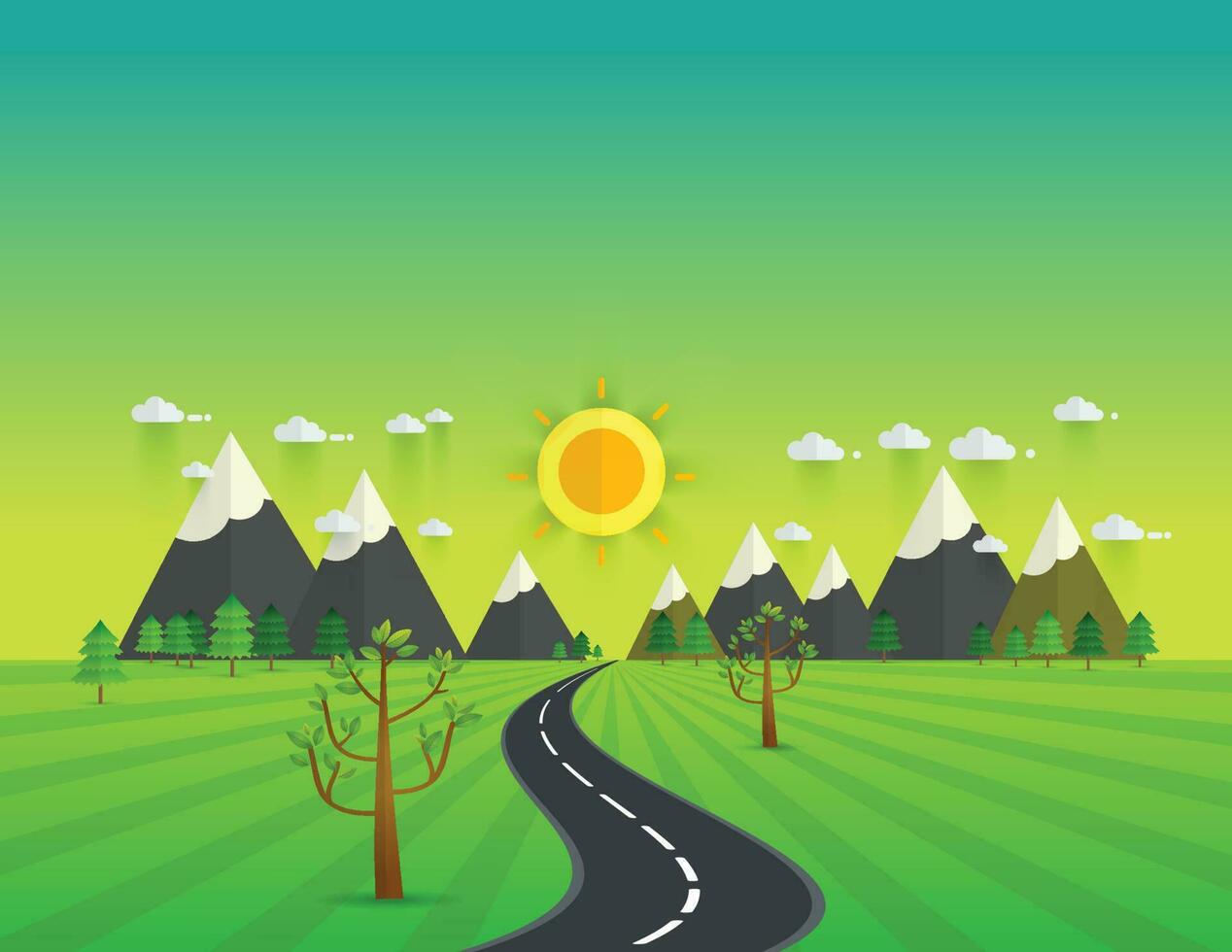 Road in green valley, mountains, hills, clouds and sun on the sky vector