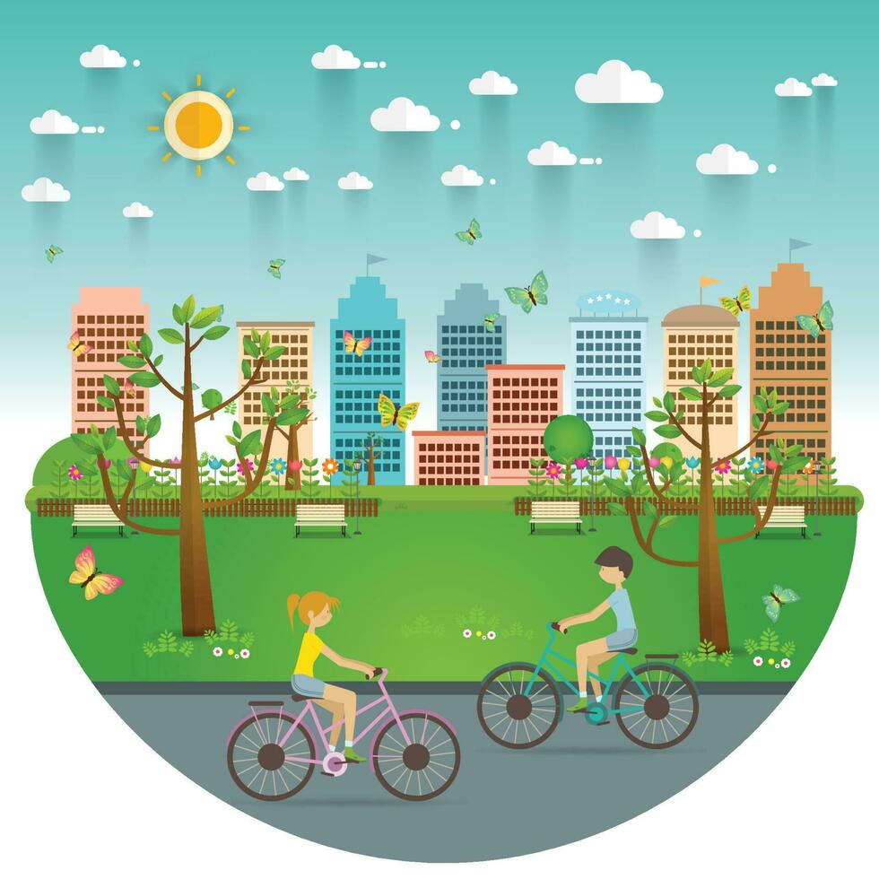 Couple Riding Bicycles In Public Park, Illustration, Flat Design, vector