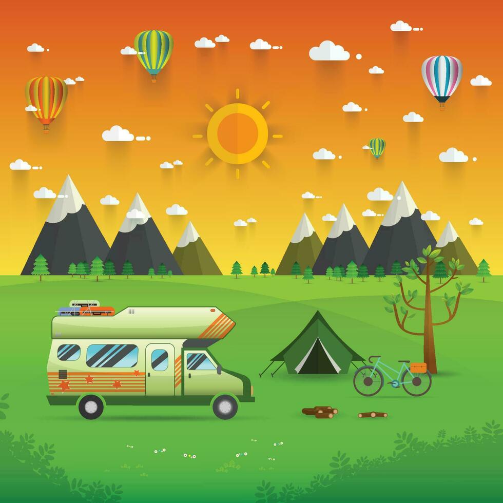 National mountain park camping scene with family trailer caravan vector