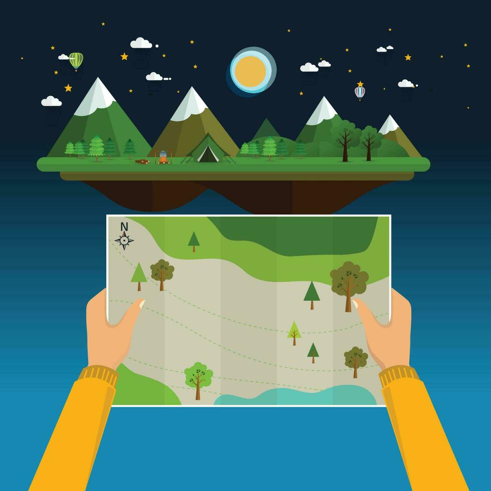 Man on a hiking trip holding a map vector