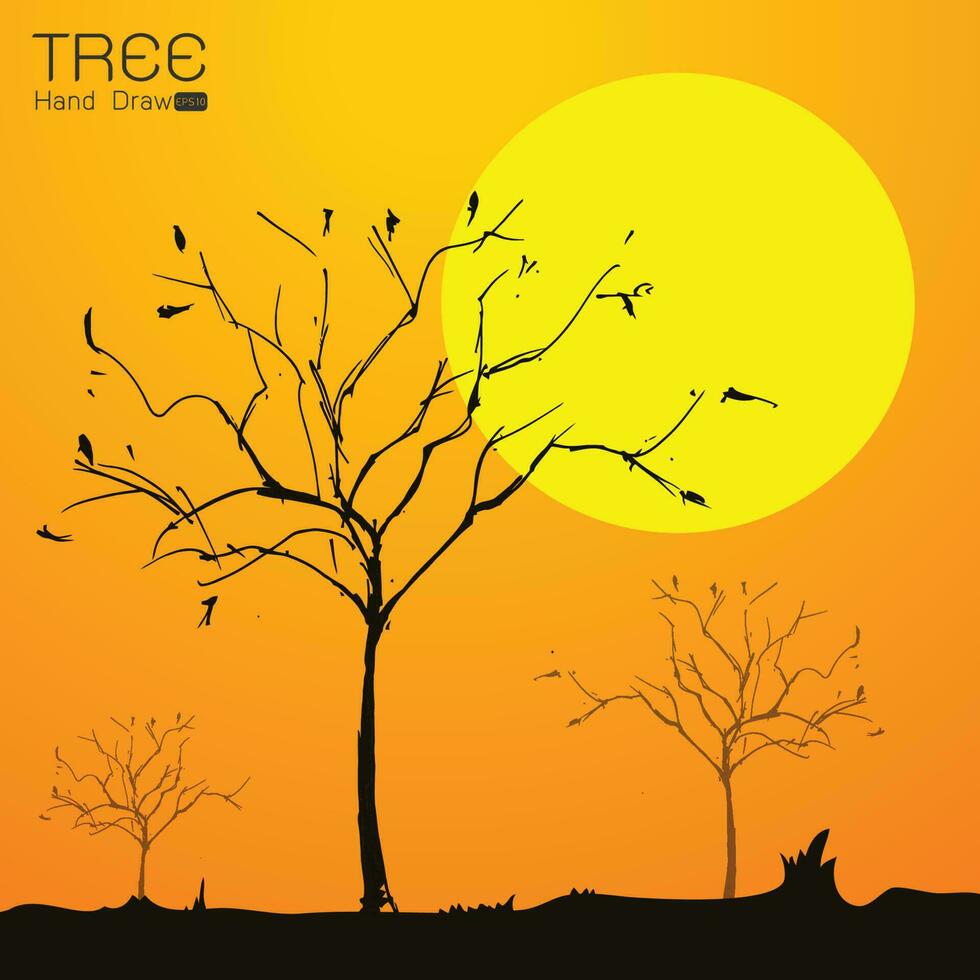 Landscape with tree at sun set hand draw vector